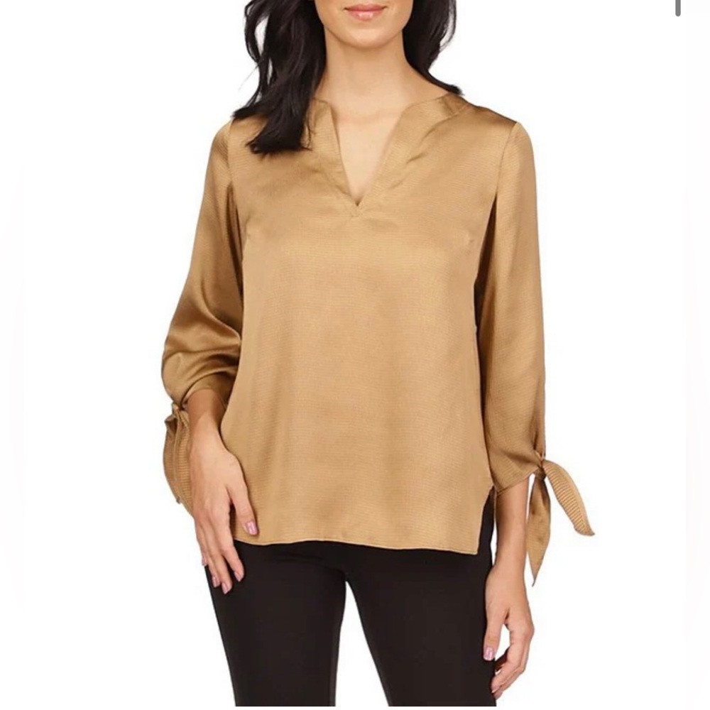 Michael Kors Satin Tie Top Women's Size XS Dark Camel Split Neck 3/4 Sleeve